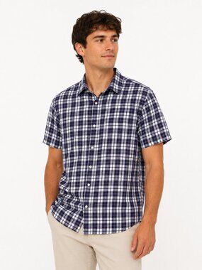 Banana Republic Blue Teal Plaid Short Sleeve Button-Up Shirt XL